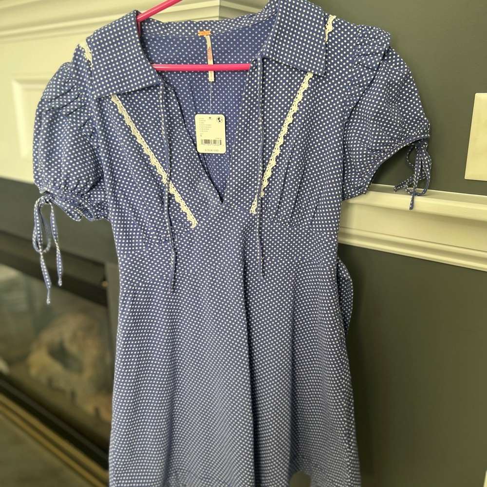 Free People Blue Polka Dot Dress with Lace Trim
